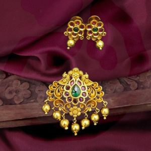 Antique Gold Peacock Pendant With Earrings, Pink And Green