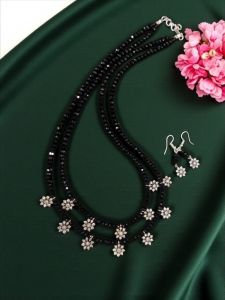2 Layer Black Agates with AD flower charms in Silver Finish