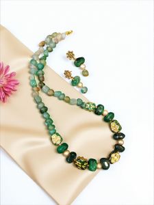 Agate Nugget and Onyx Necklace with Tanjore Painting Beads