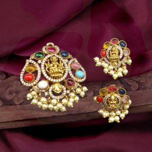 Antique Gold Lakshmi Pendant With Earrings, MultiColours