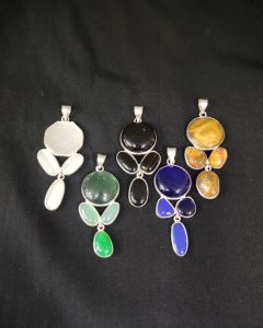 Mix Gemstone Pendants ,4 Stones, Silver Finish, Pack of 5