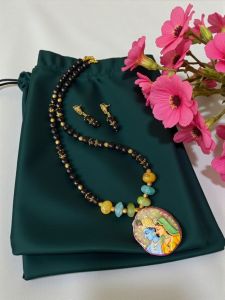 Lord Radha Krishna Tanjore Painting Pendant Beading Necklace