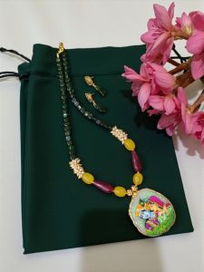 Lord Radha Krishna Tanjore Painting Pendant Beading Necklace