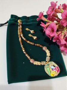  Lord Radha Krishna Tanjore Painting Pendant Beading Necklace
