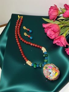 Lord Radha Krishna Tanjore Painting Pendant Beading Necklace