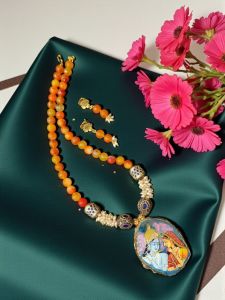  Lord Radha Krishna Tanjore Painting Pendant Beading Necklace
