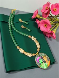 Lord Radha Krishna Tanjore Painting Pendant Beading Necklace