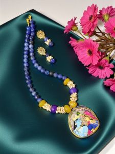 Lord Radha Krishna Tanjore Painting Pendant Beading Necklace