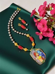 Lord Radha Krishna Tanjore Painting Pendant Beading Necklace