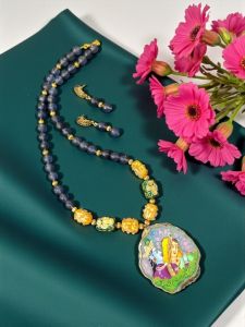 Lord Radha Krishna Tanjore Painting Pendant Beading Necklace