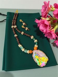 Lord Radha Krishna Tanjore Painting Pendant Beading Necklace