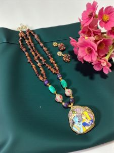 Lord Radha Krishna Tanjore Painting Pendant Beading Necklace