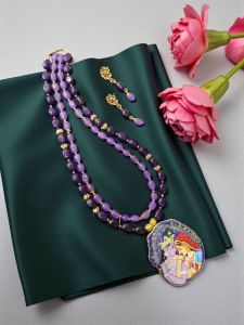 Lord Radha Krishna Tanjore Painting Pendant Beading Necklace