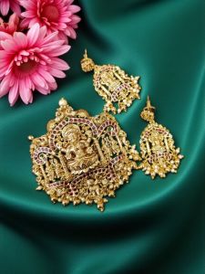 High Quality Antique Gold Pendant, Lakshmi with Ruby color Stones