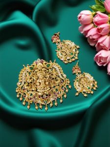 High Quality Antique Gold Pendant, Lakshmi with Ruby color Stones