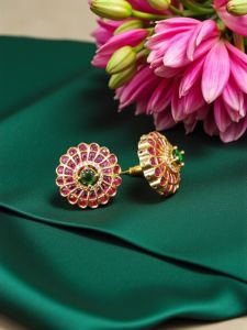 CZ Stone Stud, Ruby Pink With Green