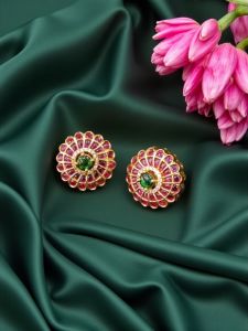 CZ Stone Stud, Ruby Pink With Green