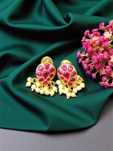 Jadau Studs, Mango Design, Ruby Pink with White