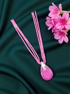 Lace Agate Pendant with CZ Beads Necklace, Pink