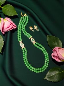 Green Agate Necklace with AD side Pendants