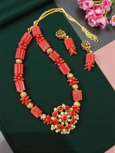 Taiwan Coral Necklace with Agate Beads and Coral Replica Pendant