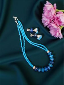Onyx Necklace with Agate Beads with matching Jhumka, Peacock Blue and Light blue
