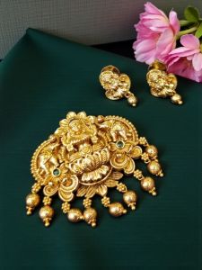 Premium Quality Small Antique Gold Lakshmi Pendant With Earrings