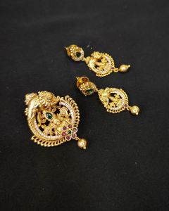 Premium Quality Small Antique Gold Lakshmi Pendant With Earrings