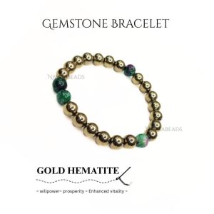 Navrabeads Gold Hematite with Ruby Zoisite 8mm Round Beaded Bracelet for Men | Gemstone Energy Bracelet for Strength, Confidence & Balance | Handcrafted Stretchable Bracelet Made in India | Stylish Spiritual Jewelry for Daily Wear