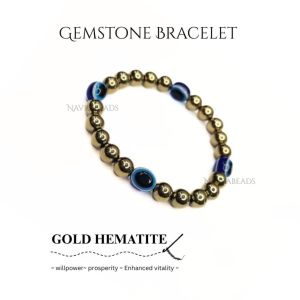 Navrabeads Gold Hematite with Evil Eye 8mm Round Beaded Bracelet for Men | Protective Energy Bracelet for Strength, Focus & Style | Handcrafted Stretchable Bracelet Made in India | Spiritual Jewelry for Daily Wear