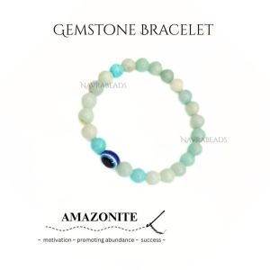 Navrabeads Amazonite with Evil Eye 8mm Round Beaded Bracelet for Men | Protective Gemstone Bracelet for Calm, Strength & Confidence | Handcrafted Stretchable Bracelet Made in India | Stylish Spiritual Jewelry for Daily Wear