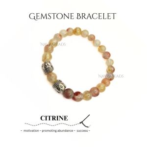 Navrabeads Citrine with Two Buddha 8mm Round Beaded Bracelet for Men | Gemstone Energy Bracelet for Confidence, Success & Positivity | Handcrafted Stretchable Bracelet Made in India | Spiritual Jewelry for Daily Wear