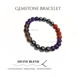 Navrabeads Divine Blend with Amethyst, Red Jasper, Hematite & Smoky Quartz 8mm Round Beaded Bracelet for Men | Gemstone Energy Bracelet for Strength, Clarity & Balance | Handcrafted Stretchable Bracelet Made in India | Stylish Spiritual Jewelry for Daily 