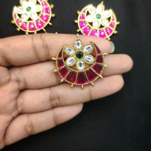 Jadau Moon Pendant, Pink and Green