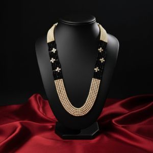 Navrabeads Swarovski Replica Pearl & Black Agate 5 Layer Necklace for Women | Gold-Plated Flower Pendant | 24 Inch Grand Festive Jewelry | Adjustable Dori | Elegant Handmade Statement Wear