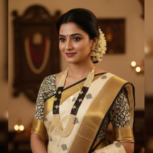 Navrabeads Swarovski Replica Pearl & Black Agate 5 Layer Necklace for Women | Gold-Plated Flower Pendant | 24 Inch Grand Festive Jewelry | Adjustable Dori | Elegant Handmade Statement Wear