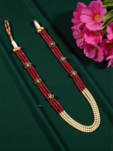 Navrabeads Swarovski Replica Pearl & Maroon Agate 3 Layer Necklace for Women | Gold-Plated Flower Pendant | 24 Inch Elegant Festive Jewelry | Adjustable Dori | Premium Handmade Statement Style