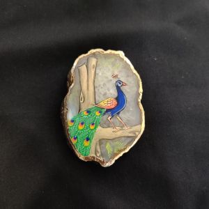 Onyx Pendant features a Peacock painting on Onyx Stones detailed with Gold foil borders