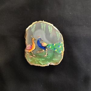 Onyx Pendant features a Peacock painting on Onyx Stones detailed with Gold foil borders