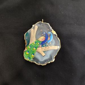 Onyx Pendant features a Peacock painting on Onyx Stones detailed with Gold foil borders