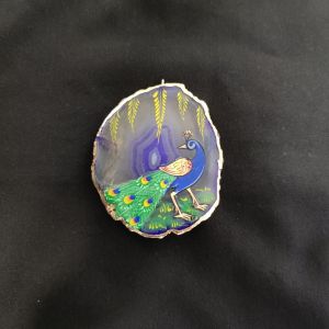 Onyx Pendant features a Peacock painting on Onyx Stones detailed with Gold foil borders