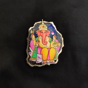Onyx Pendant features Lord Ganesha painting on Onyx Stones detailed with Gold foil borders