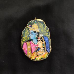 Onyx Pendant features a RadhaKrishna painting on Onyx Stones detailed with Gold foil borders