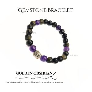 Navrabeads Golden Obsidian Buddha with Amethyst 8mm Round Beaded Bracelet for Men/Unisex | Gemstone Energy Bracelet for Strength, Calm & Confidence | Handcrafted Stretchable Bracelet Made in India | Stylish Spiritual Jewelry for Daily Wear