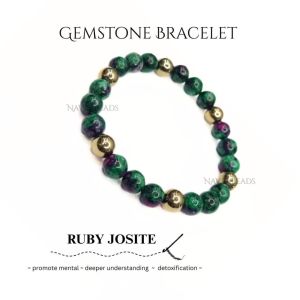 Navrabeads Ruby Zoisite with Gold Hematite 8mm Round Beaded Bracelet for Men/Unisex | Gemstone Energy Bracelet for Strength, Courage & Balance | Handcrafted Stretchable Bracelet Made in India | Stylish Spiritual Jewelry for Daily Wear