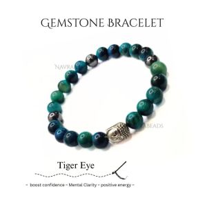 Navrabeads Dark Blue Tiger Eye Buddha 8mm Round Beaded Bracelet for Men/Unisex | Gemstone Energy Bracelet for Confidence, Focus & Protection | Handcrafted Stretchable Bracelet Made in India | Stylish Spiritual Jewelry for Daily Wear