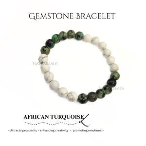 Navrabeads African Turquoise with Howlite 8mm Round Beaded Bracelet for Men/Unisex | Gemstone Energy Bracelet for Growth, Calm & Balance | Handcrafted Stretchable Bracelet Made in India | Stylish Spiritual Jewelry for Daily Wear