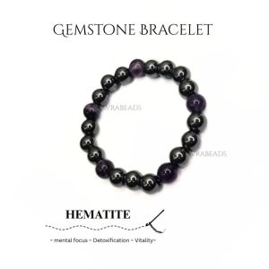 Navrabeads Hematite with Amethyst 8mm Round Beaded Bracelet for Men/Unisex | Gemstone Energy Bracelet for Calm, Confidence & Focus | Handcrafted Stretchable Bracelet Made in India | Stylish Spiritual Jewelry for Daily Wear