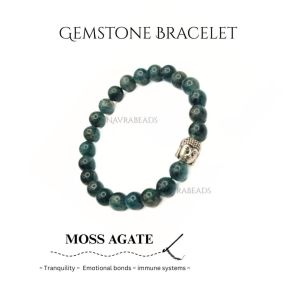 Navrabeads Moss Agate with Buddha 8mm Round Beaded Bracelet for Men/Unisex | Gemstone Energy Bracelet for Growth, Balance & Inner Calm | Handcrafted Stretchable Bracelet Made in India | Stylish Spiritual Jewelry for Daily Wear