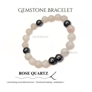 Navrabeads Rose Quartz with Silver Hematite 8mm Round Beaded Bracelet for Men/Unisex | Gemstone Energy Bracelet for Calm, Love & Confidence | Handcrafted Stretchable Bracelet Made in India | Stylish Spiritual Jewelry for Daily Wear